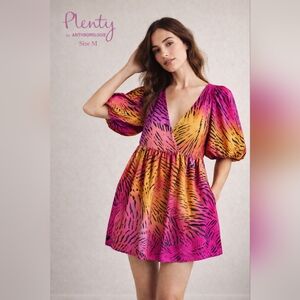 Plenty Anthropologie Women’s Dye Tech Tunic Dress Pink Print Puff Sleeve M NWT